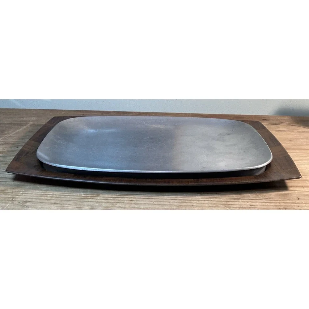 VTG Hand Woven Weavewood Steak Sizzler Aluminum Insert Walnut Serving Tray USA